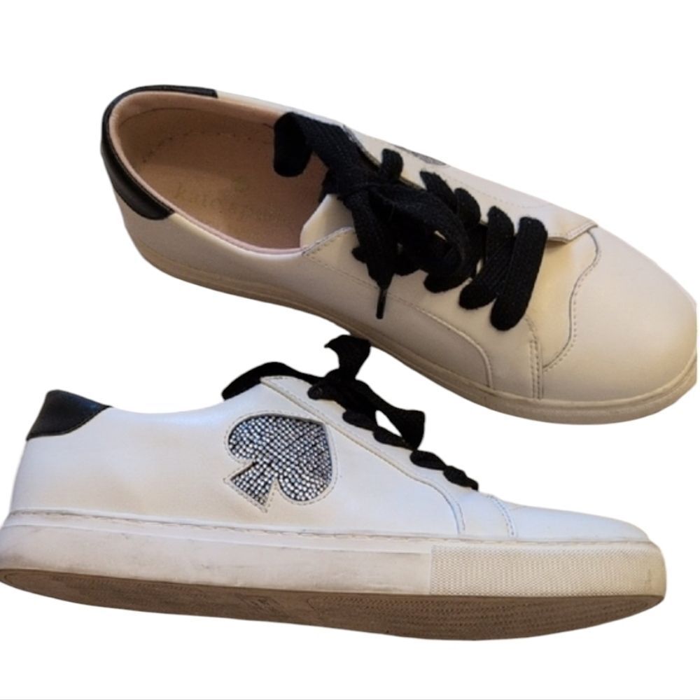 KATE SPADE Fez Glitz LEATHER Low Top SNEAKERS Rhinestone White Black Suede 11